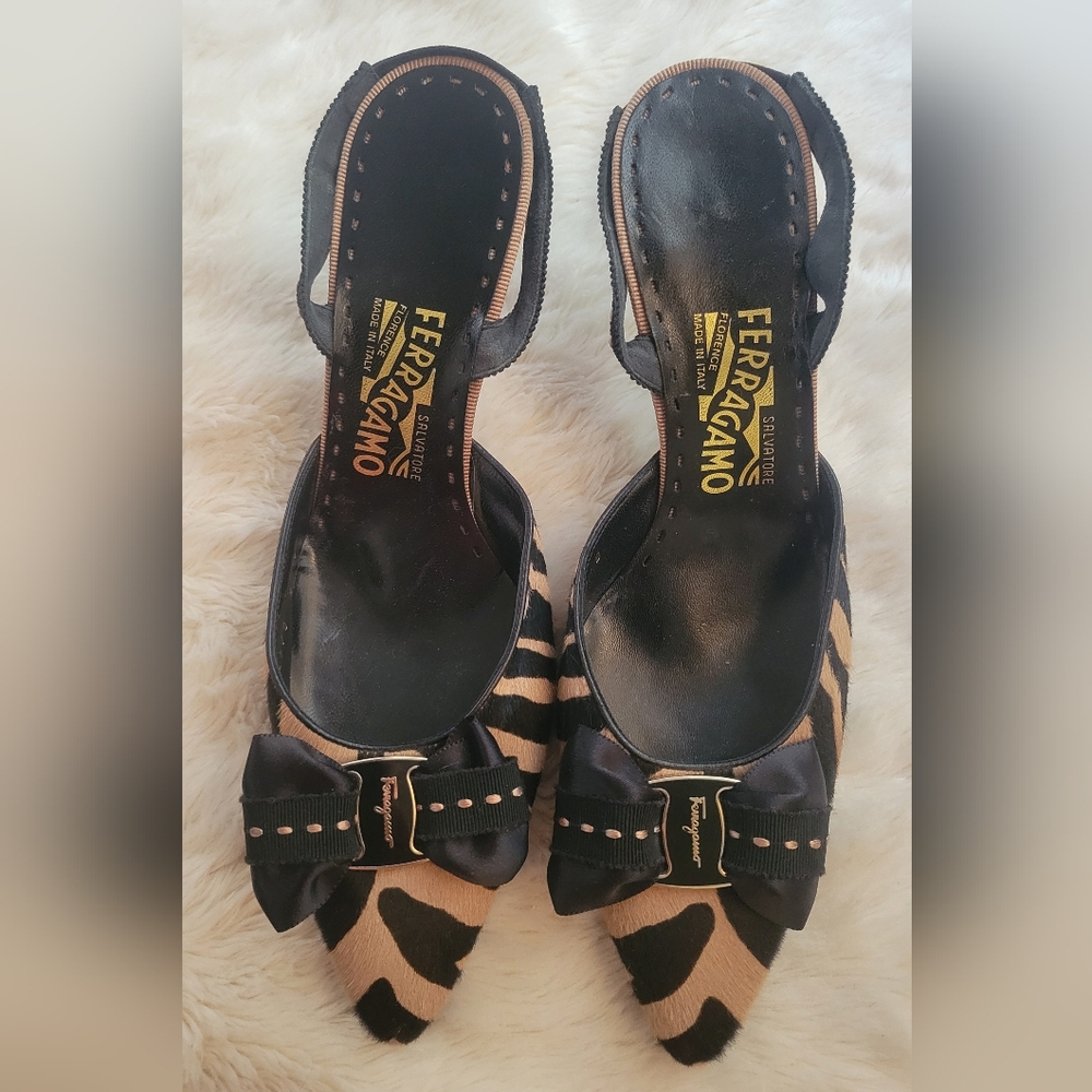 Salvatore Ferragamo Zebra Print Black and Tan Heels